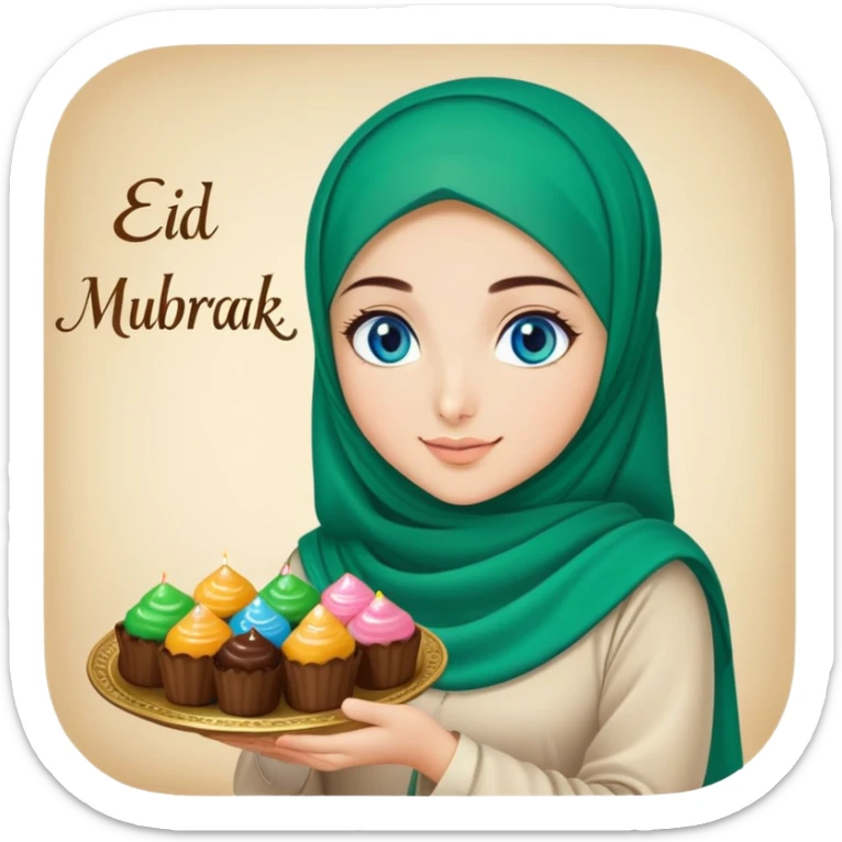 Turkish beautiful finish Konya girl blue eyes with green emerald hijab islamic dress and had on her hand text Eid Mubarak with sweets and celebrating with her friends eid days   sticker