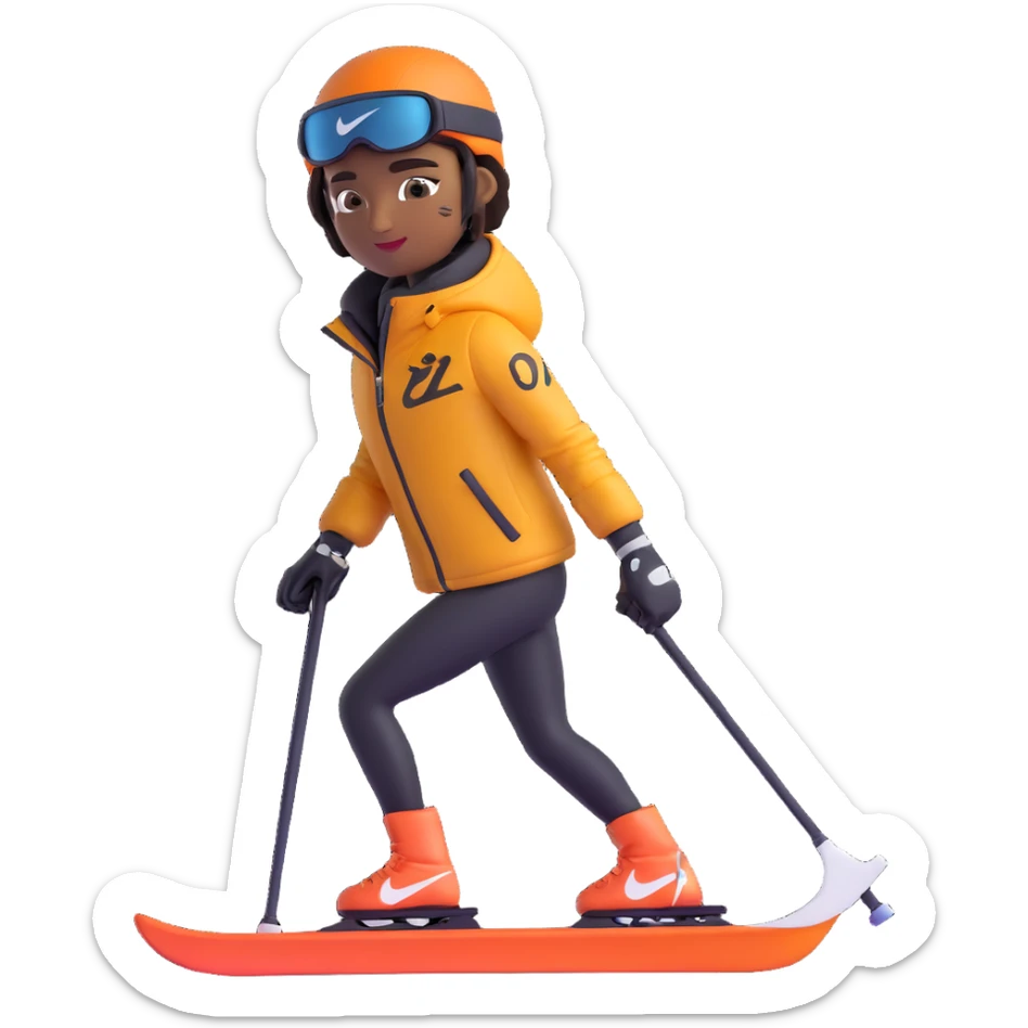 skier with brown skin, Nike logo on jacket, sleeve tattoos, in a modern 3D emoji style sticker