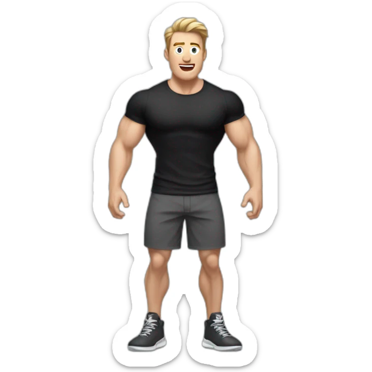 amazed Open with surprise mouth Pale skinned Fit Man With the biceps and dark brown hair in black shirt, gray sports shorts and white Sneakers sticker