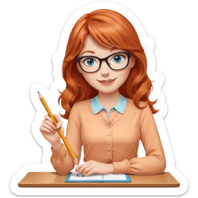 redheaded woman with long wavy hair and bangs, blue eyes, cat-eye glasses, wearing a pencil skirt and apricot blouse, holding a pencil, smiling sticker