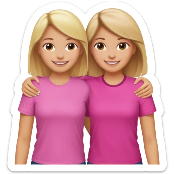 Two Girls with their arms around each other at summer camp one blonde one brown hair wearing pink shirt smiling  sticker