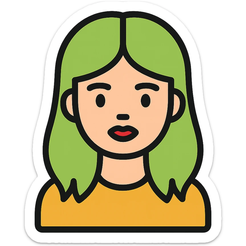 girl with green hair like Billie Eilish and red lipstick, color outline icon style sticker