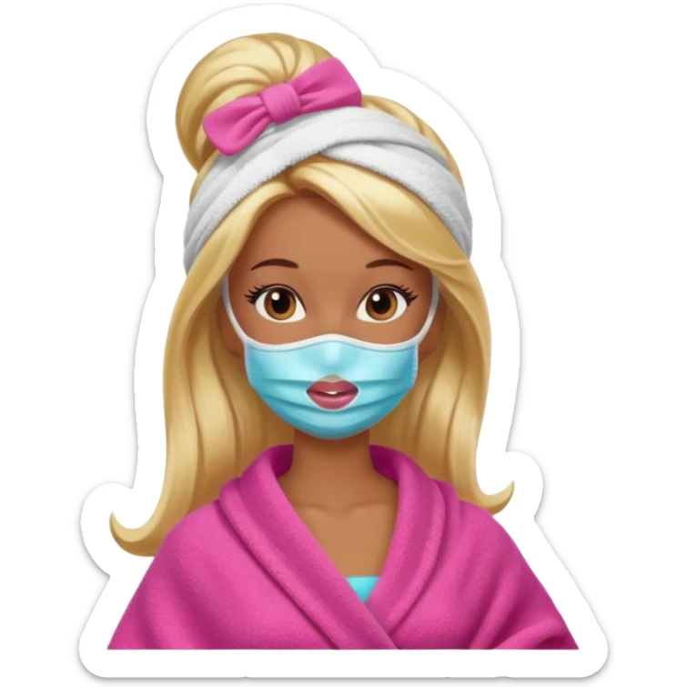 Brown skin blonde hair Barbie with face mask on and hair in towel sticker