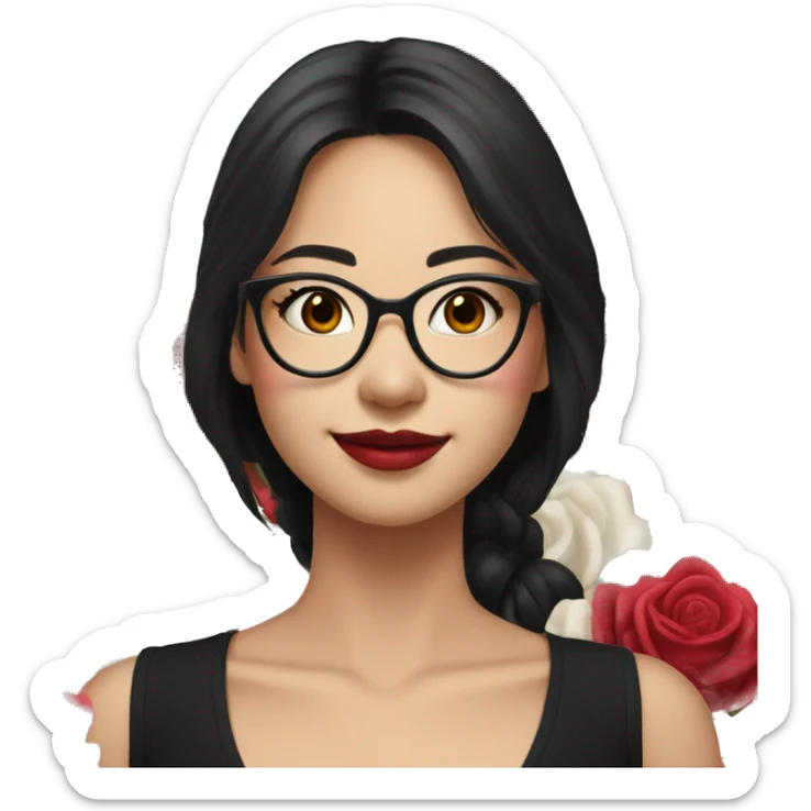 Asian girl, smiling with teeth, fair skin, black long hair, black eyes, black glasses with gold frames, red lipstick, wearing a white lace tank top and a black office jacket on top, with pink and red roses around her. sticker
