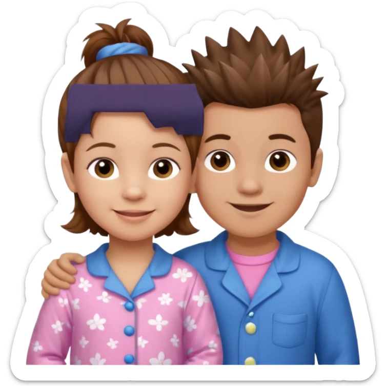 Try another - a smaller toddler girl with brown hair with her hair up, wearing pink pajamas and a bigger 4 year old boy with spikey brown hair, wearing blue pajamas. Both light skin and smiling.  sticker