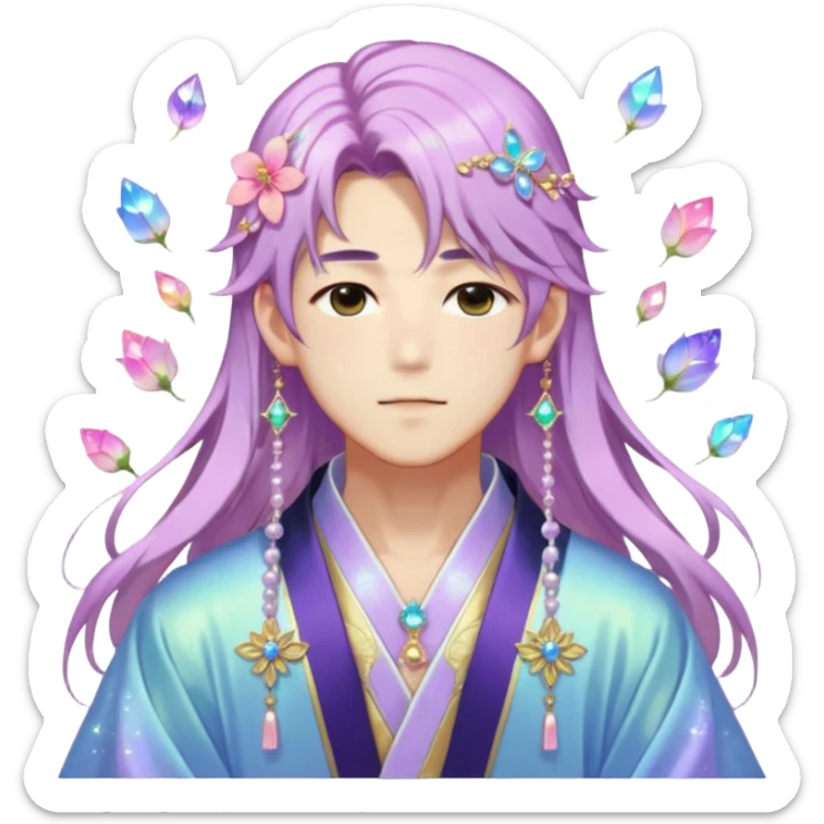 Beautiful gorgeous blushing Korean-Japanese-youthful elegant handsome anime guy with beautiful iridescent-special-medium-long-hair, fashion aesthetic, ethereal, fairycore, pastelcore, flower petals, crystals, layered robes, accessories, jewelries, gold, colorful, shiny, trending style, outside sticker
