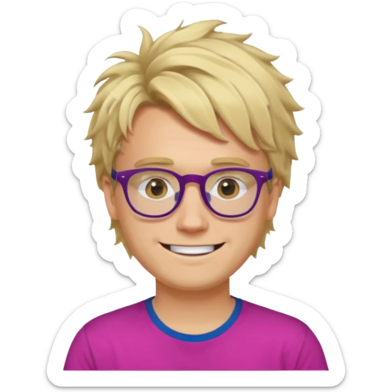 A blond guy with messy hair is smiling. He wear black and dark blue glasses and a fushia T-shirt.  sticker