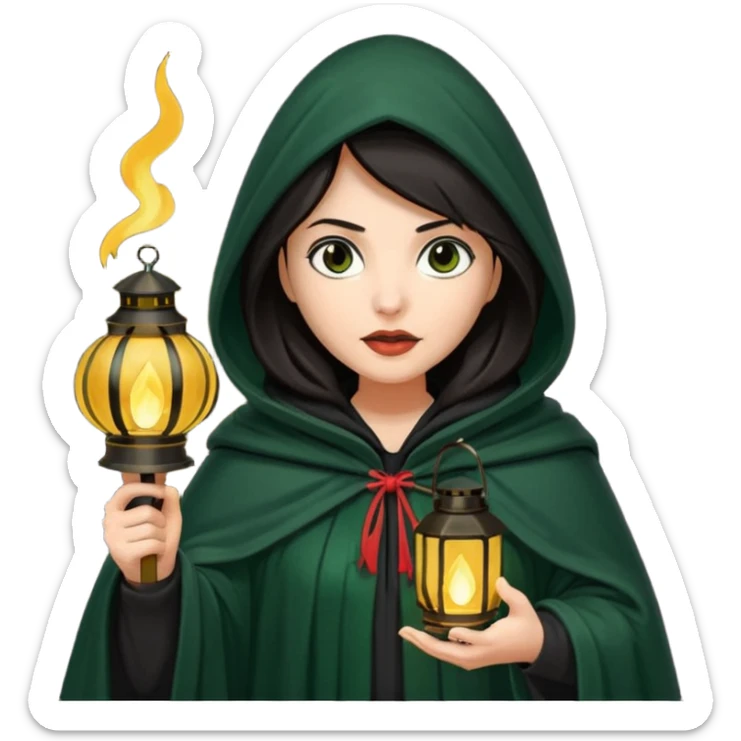 traitor tv show, dark haired woman wearing dark green cloak with hood up who looks very evil and is holding up a lantern sticker