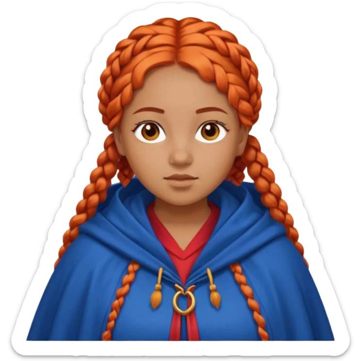red orange braids hair girl, tan skin, fat, wear blue cloak sticker