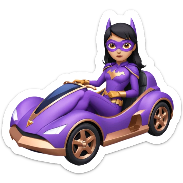 Hot full size real-appearance racing action BatGirl’s Lego feminine midnight-purple tight outfit sixty’s tv show 1992 stealth retro cat burglar sporty petite off-road pursuit hovering hover cruiser car rose gold accents (black hair,reclined and relaxed seating position and attitude) desert sticker