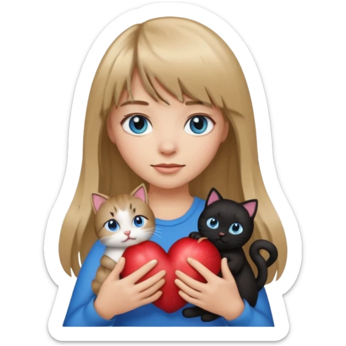 Apple-style emoji sticker of a young woman with long dark blond hair and bangs, blue eyes , holding a spotting black-and-white kitty on her chest.  sticker