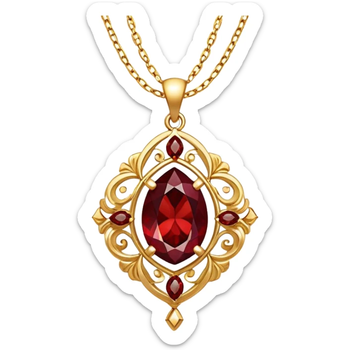 glowing red garnet pendant as a talisman of grounding and rebirth, dancing on a gold chain sticker