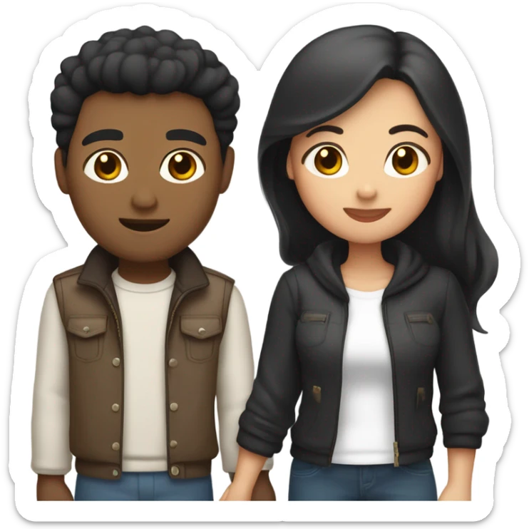 a couple holding hands. the guy has black middle part hair and is Persian and Filipino mix, wearing a jacket. the girl has brown hair white and asian mix, wearing a crop top. sticker