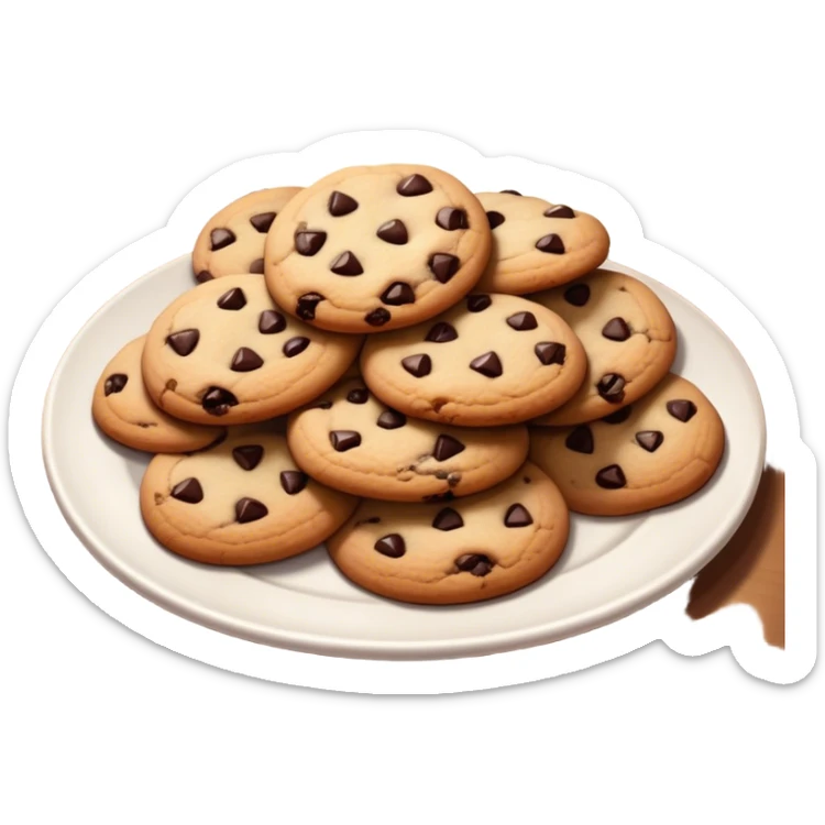 Cinematic Realistic Cookies Dessert Emoji, showcasing a plate of freshly baked cookies with gooey chocolate chips rendered with lifelike textures and warm, homey lighting. sticker