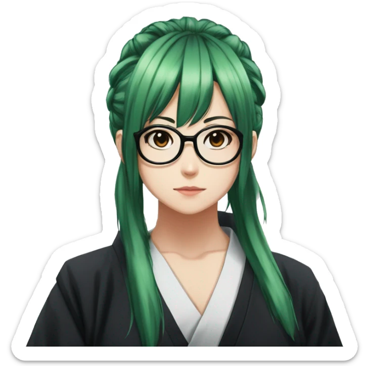 Maki zenin from jujutsu kaisen, Green hair tied one pony tail,side bangs, visible glasses, serious face, wear black leggings, Jujutsu kaisen women uniform sticker