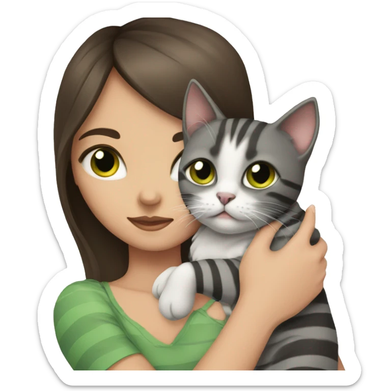 Brunette girl with green eyes, holds in her arms a British gray, striped cat with brown eyes sticker