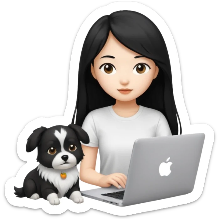 Asian girl long black hair, wearing a white t-shirt, working on an Apple laptop, next to her is a small black and white female dog sticker