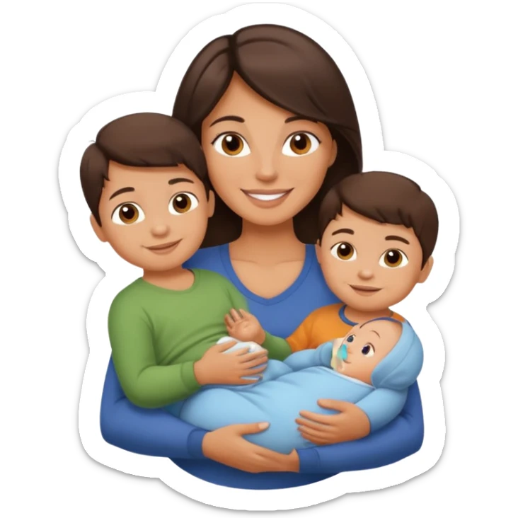 Beautiful fit Brunette Mom holding a baby and two sons, ultra realistic  sticker