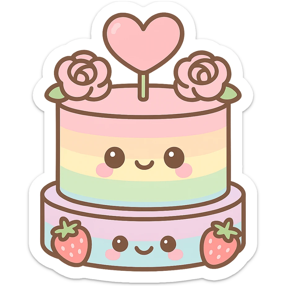 pastel rainbow wedding cake with strawberries, pink roses, heart topper, kawaii style sticker