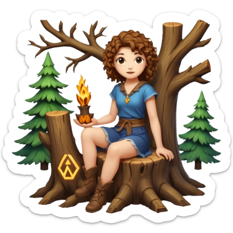full body woman short curly brown mullet hair brown eyes white skin sitting on tree stump carving glowing rune sticker