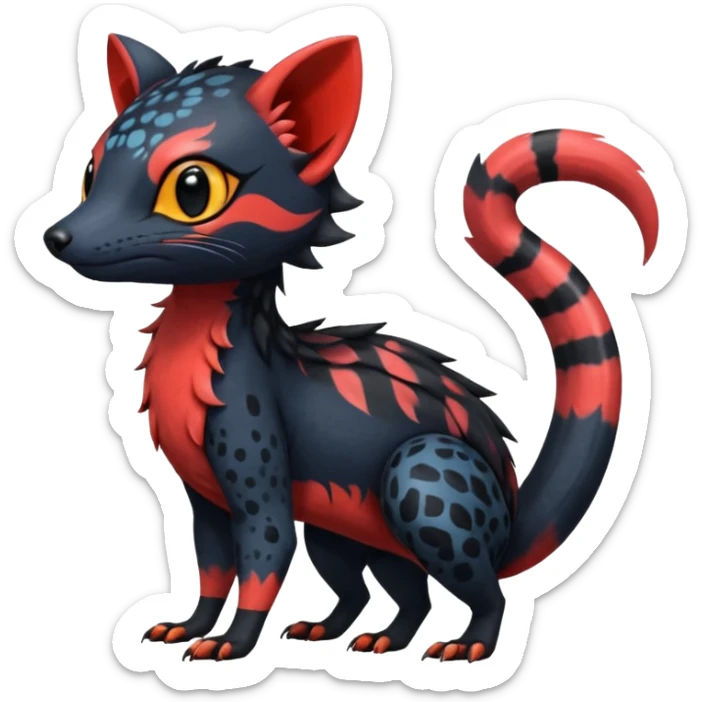 Rare exotic realistic cute epic aesthetic gothic colorful Salandit-Litten-Quilava-Civet-species-Fakemon-hybrid-creature, with markings, full body sticker
