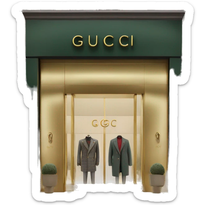 “Gucci store exterior with gold logo above entrance, large glass windows displaying luxury fashion, and elegant double doors.” sticker