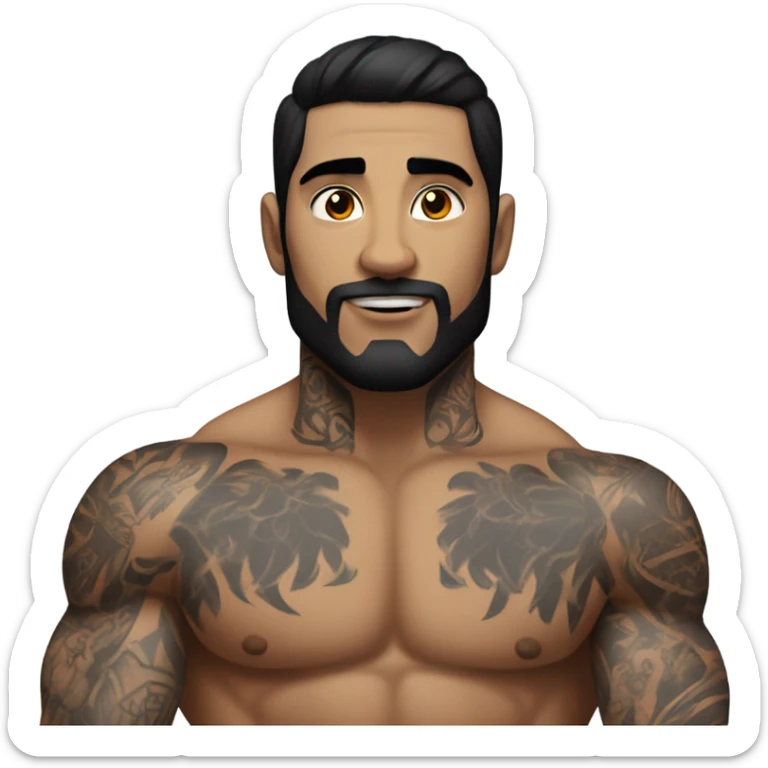 Muscular man with black hair and tattoos on his back and arm sticker