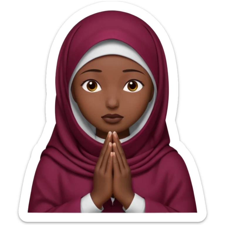 darkskin muslim black woman praying with burgundy hijab hyper realistic face, islamic prayer position  sticker