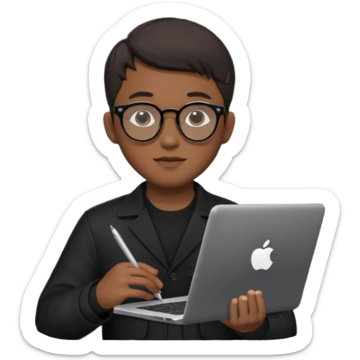 a asia man guy his 20s wearing an apple notebook, wearing bodyguard radio operator, round glasses, blackclothes sticker