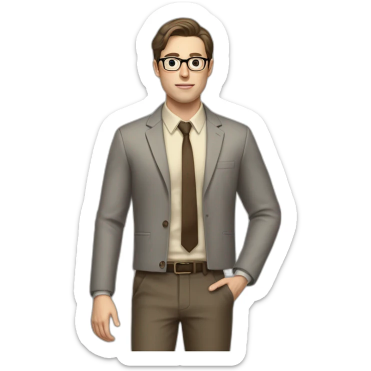 Full height Actively Gesturing Pale skinned fit man with dark brown hair in gray jacket, beige office shirt, brown tie, brown pants and vintage glasses. sticker