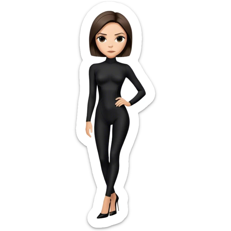 Victoria Beckham with light skin, short dark brown bob, black catsuit wearing black heels sticker