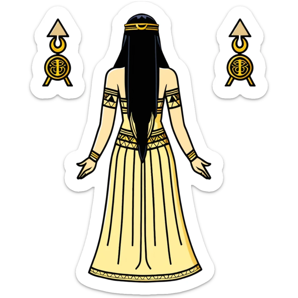 back view of Anunnaki goddess Inanna with straight long black hair and ancient Sumerian symbols embroidered on her ceremonial dress sticker