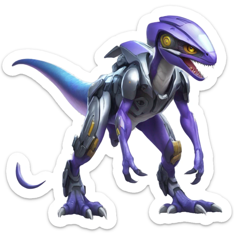 Cyberpunk-themed Shiny Velociraptor-Genesect-Fakémon-Pokémon wearing a with a futuristic helmet Full Body sticker