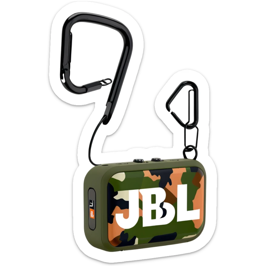 JBL Go Clip 4 portable speaker with camouflage colors and carabiner clip sticker