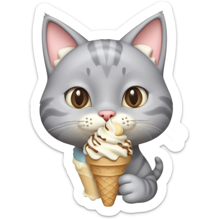 cute gray cat portrait, head and shoulders only, licking an ice cream cone, funny happy expression, 3D cartoon, mobile game icon style, clean background, no text, no watermark
 sticker