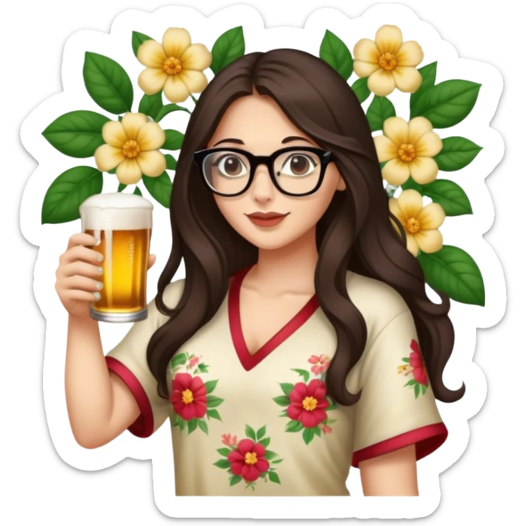 A beautiful brunette with long hair in slippers, glasses, a floral mural on her arm, and a beer in one hand sticker