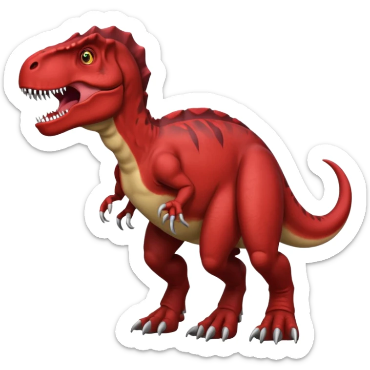 Tyrannosaurus rex with 2 horns on each side of its head 2 small arms 2 legs 1 tail and dark red sticker