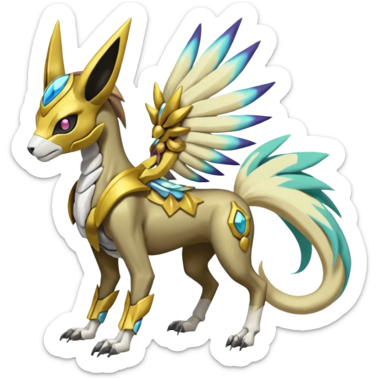 Colorful Skeletal masked armored Futuristic Meloetta-Manectric-Solgaleo-Raikou-Pokémon-Digimon-Fakémon-fusion-hybrid-creature, full body sticker