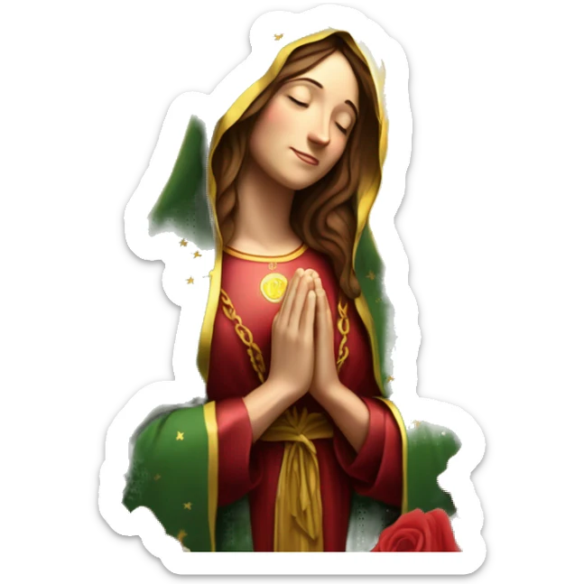 Virgin Mary: kind face looking down at the left, long brown hair, Wearing an emerald green  robe with gold stars and a burgundy red dress,  Hands in prayer or blessing. Halo around her head. standing in front of a big sun. colorful roses on the sides  sticker