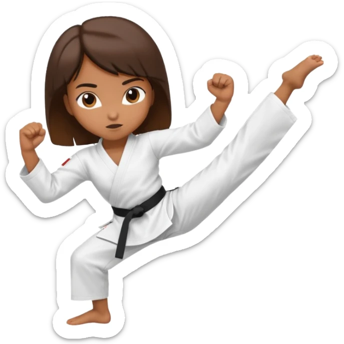 Ragazza castana che pratica karate, ha la cintura nera ed io tradizionale kimono bianco del karate, tira un calcio laterale oppure un pugno oppure è in posizione di guardia sticker