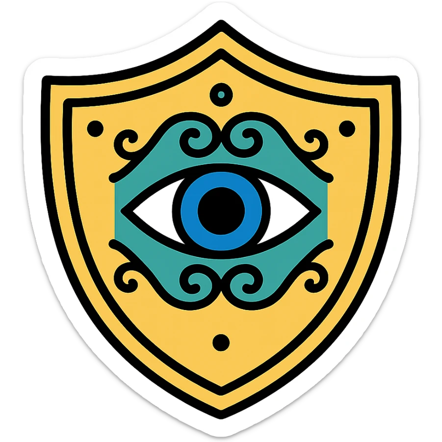 a shield with a mystical eye motif inspired by the Eye of Ibad, ornate design sticker