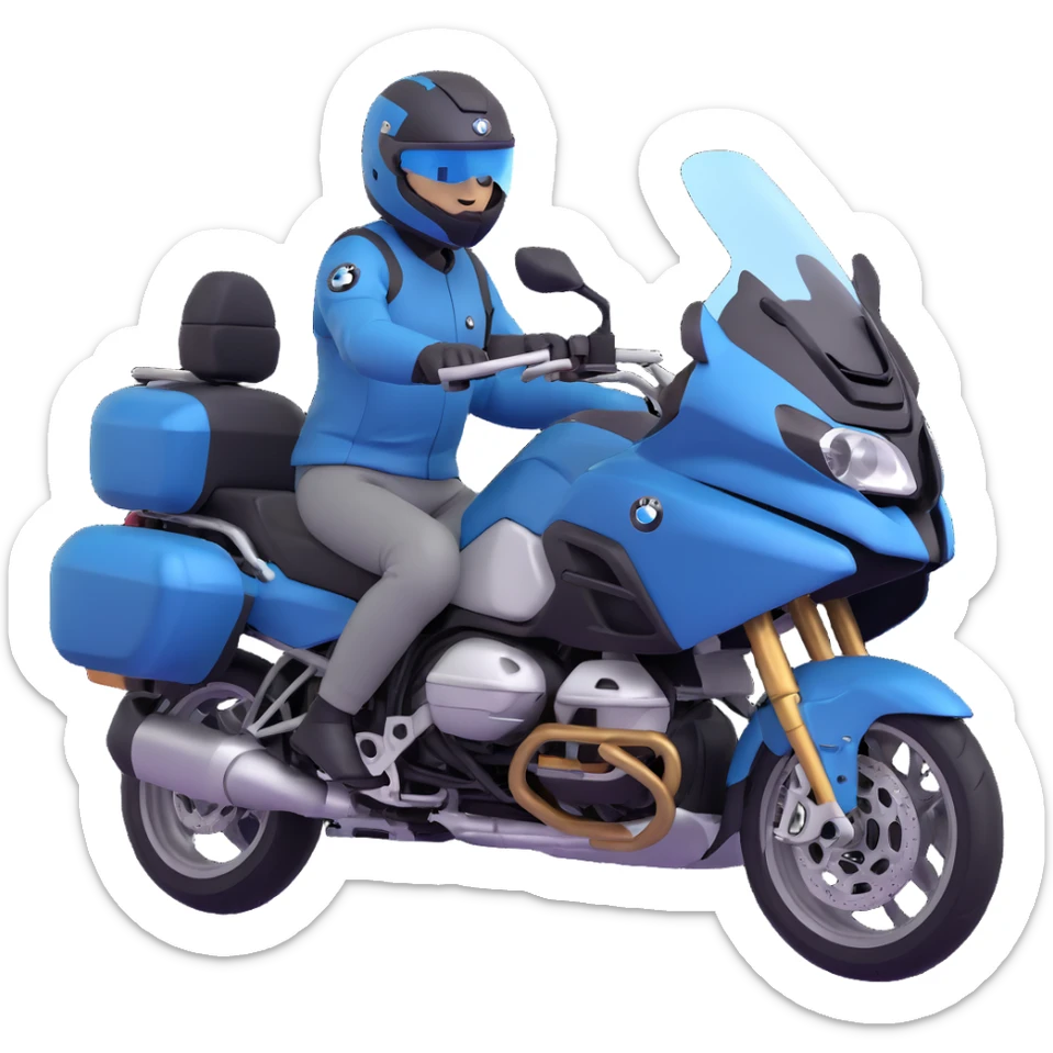 BMW R 1200 RT touring motorcycle with rider wearing helmet sticker