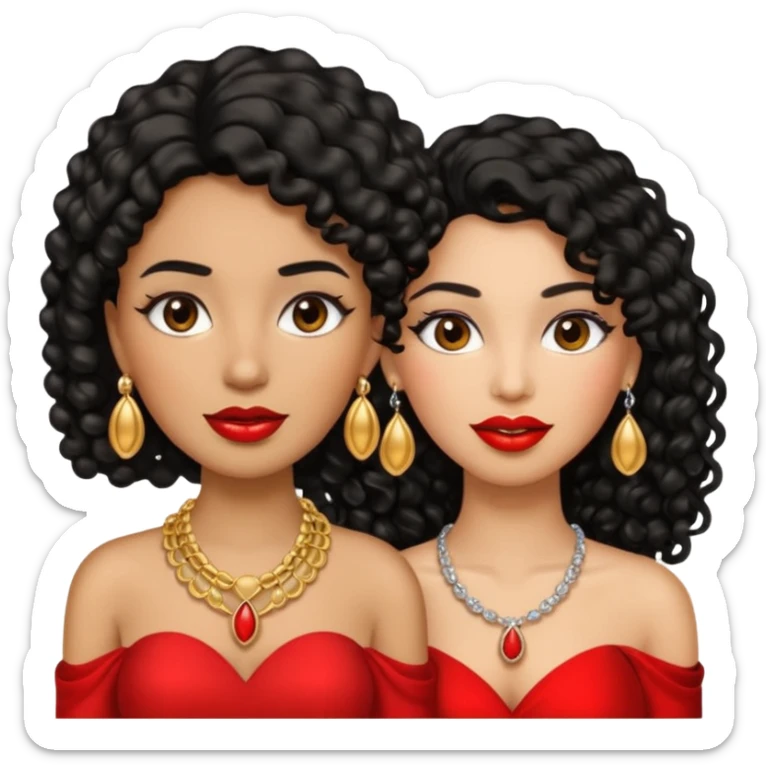 An emoji with two women, one woman with caramel skin color, black curly hair long. The other one is fair skin with brown straight hair and they're wearing jewelry and makeup. sticker