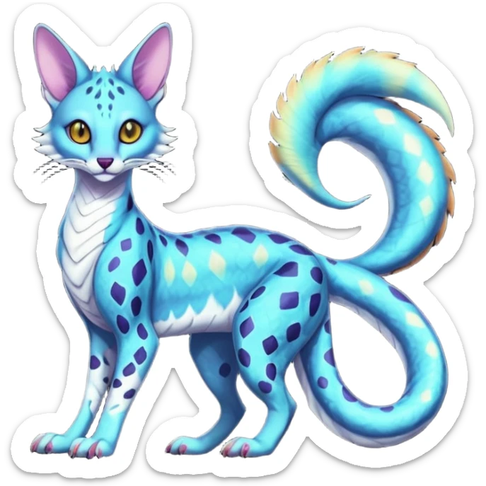 Flurry furry colorful bioluminescent translucent neon gloomy dusky scaly sergal-serval-possum-sphynx-Koi-sergal-fusion-animal-hybrid-creature with a snake-tail sticker
