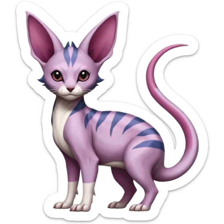 Purple, white, black, Minccino-Nidoran-Sphynx-Lykoi-Linoone-Zangoose-fusion-hybrid-animal-Fakémon-creature, full body, thin long sleek scaly tail, intricate markings sticker