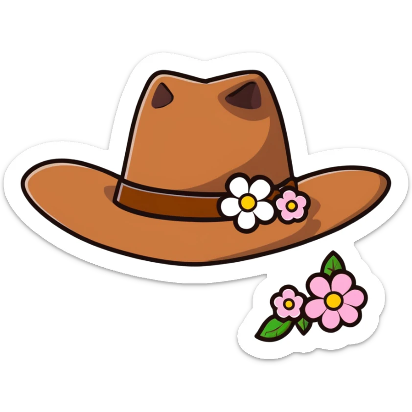Cowgirl hat with flowers, pink and white flowers decorating a brown cowboy hat sticker