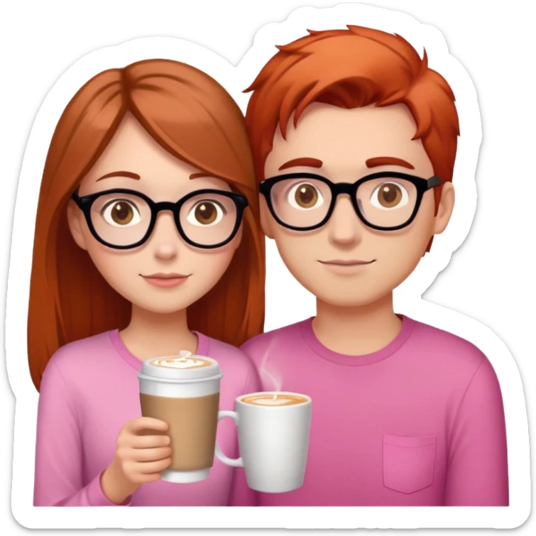 girl with brown hair and hazel eyes drinking latte, hair just below shoulder length and wearing a pink shirt. She is with her with her boyfriend who has orange/red hair, black glasses, and is taller than her. He needs a book in his hand”. The girl does not wear glasses  sticker