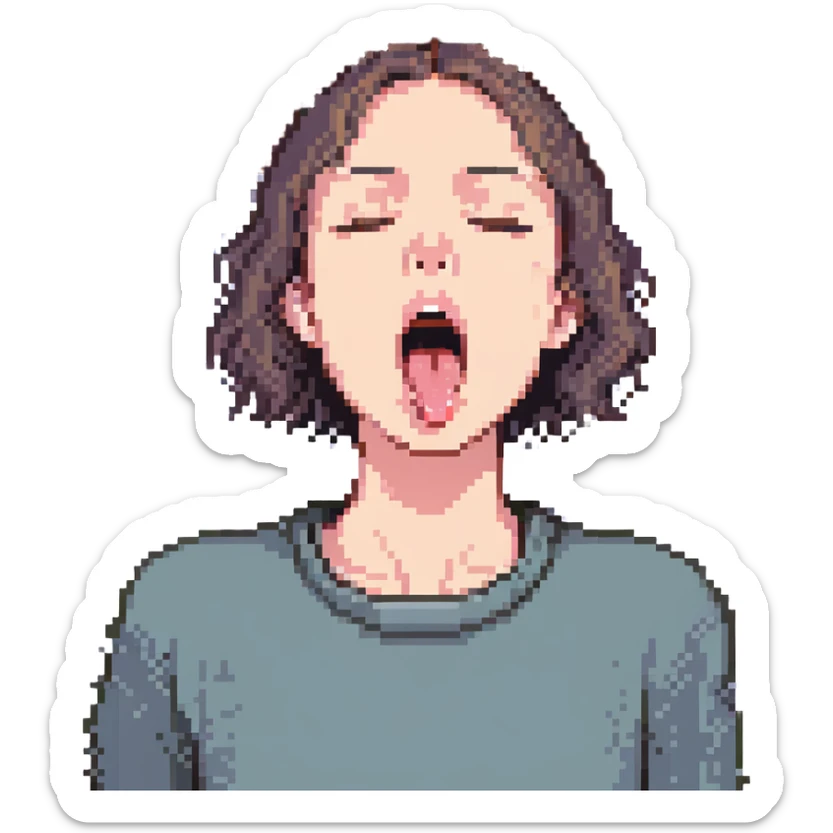 person demonstrating mewing, pressing tongue to roof of mouth, closed lips, neutral expression sticker