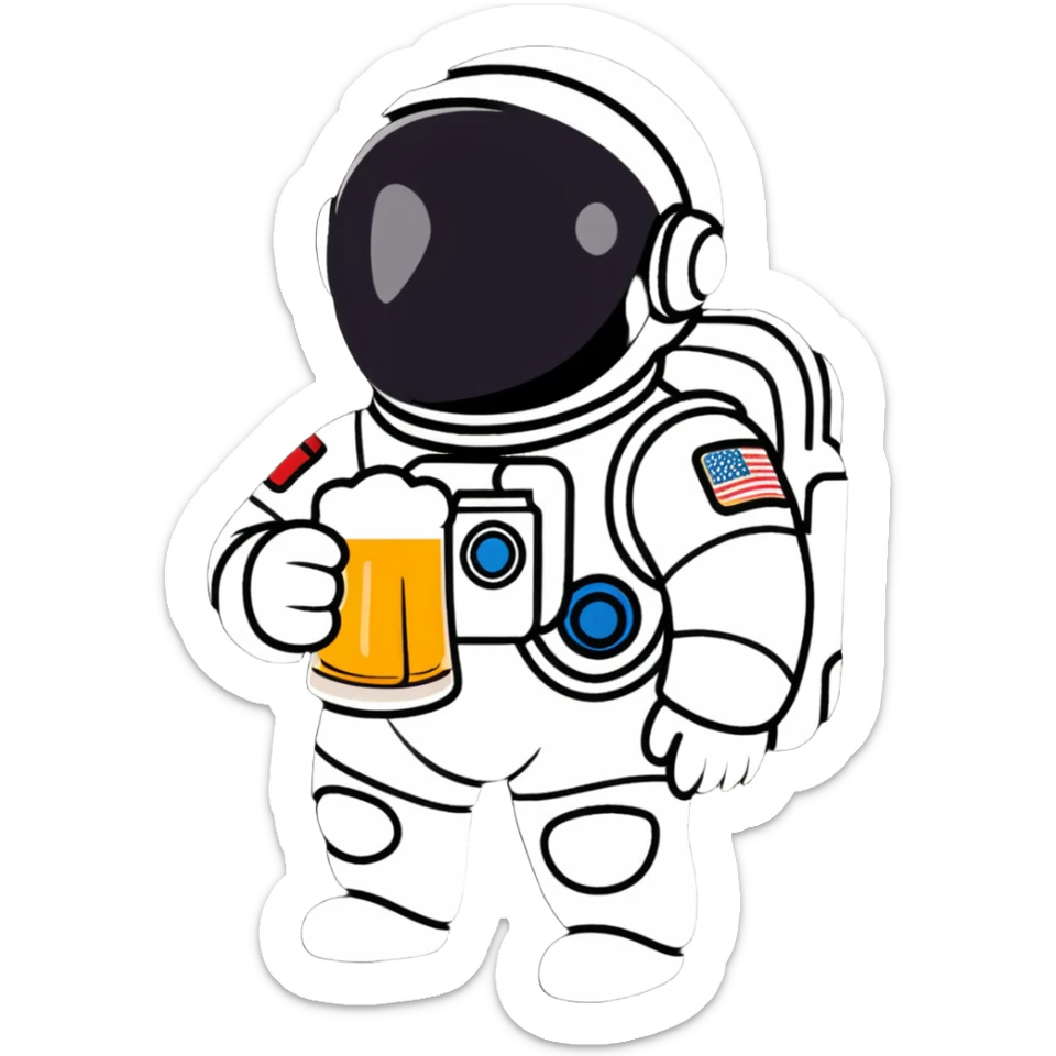 a full astronaut space suit with a pint of delicious beer inside it instead of a human, the glass of beer visible through the helmet sticker