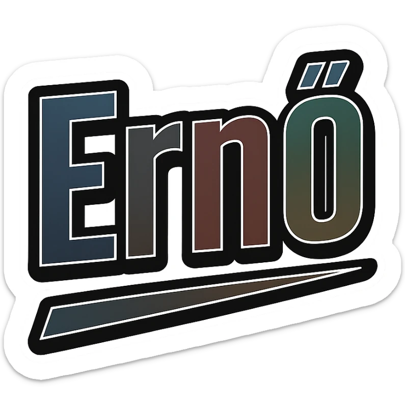 Ernő name in masculine, modern gradient font with dark contour, prominent and clearly visible white border like the sample image, dynamic slanted underline, masculine color shades (blue, gray, burgundy, green, brown), 1000x1000 px, PNG, transparent background, in the style of the uploaded Dezső sample, with an alternative solution if the long ő letter is not available. sticker